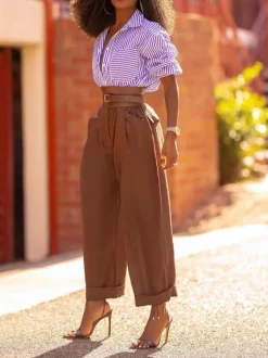 Casual Plain Pockets Turnip Pants No Belt