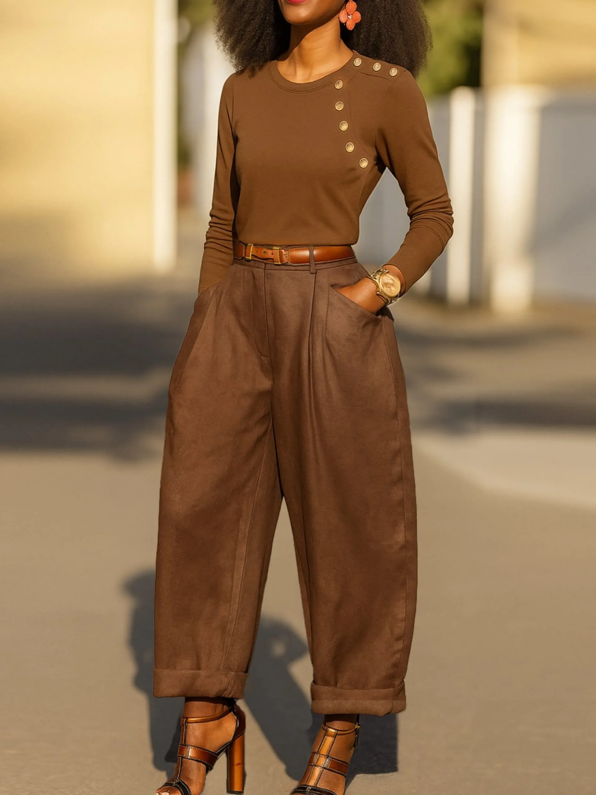 Casual Plain Pockets Turnip Pants No Belt