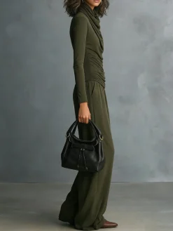 Casual Plain Ruched Cowl Neck T-shirt