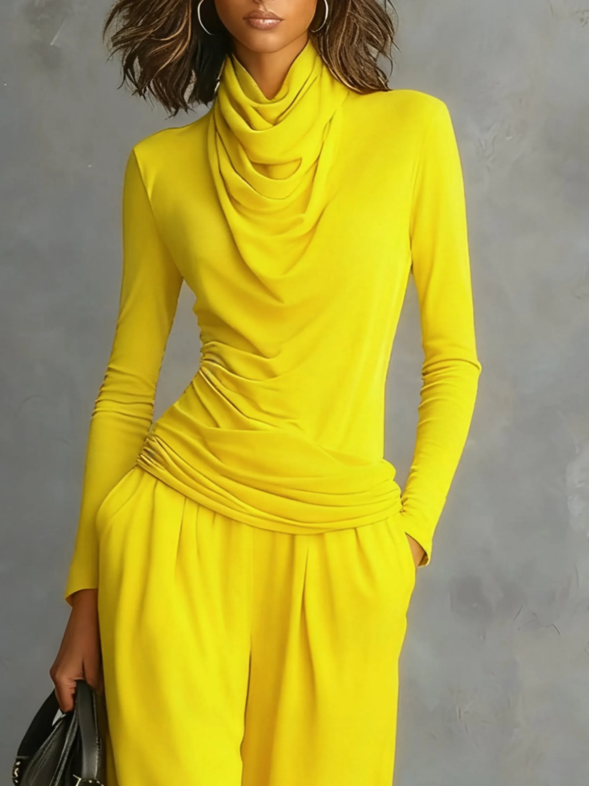 Casual Plain Ruched Cowl Neck T-shirt