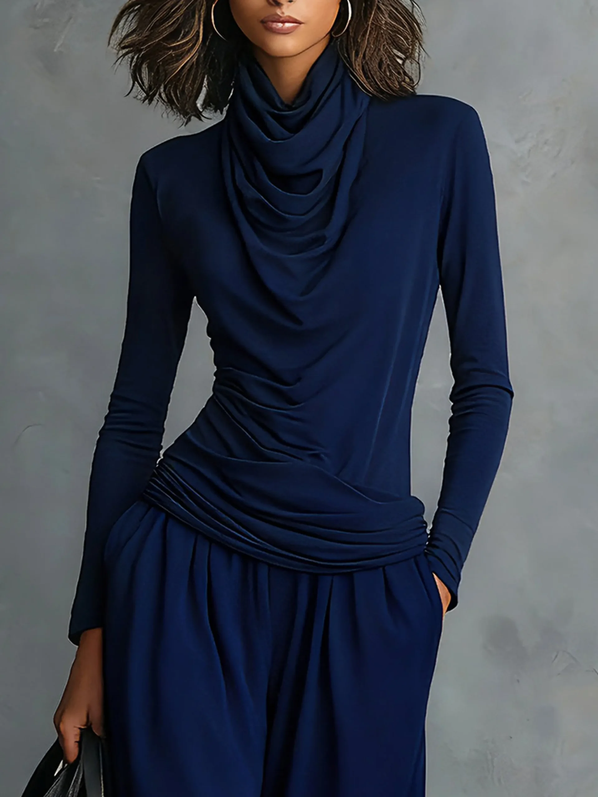 Casual Plain Ruched Cowl Neck T-shirt