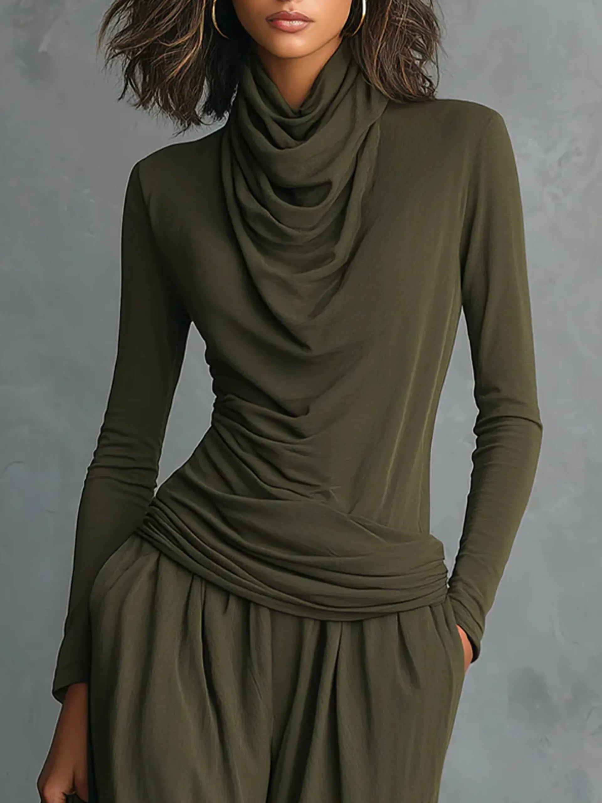 Casual Plain Ruched Cowl Neck T-shirt