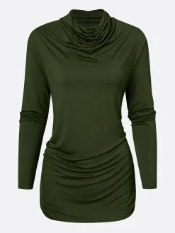 Casual Plain Ruched Cowl Neck T-shirt