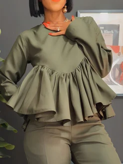 Casual Plain Ruched Crew Neck Blouse