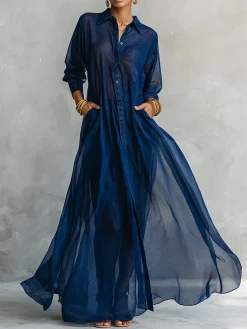 Casual Plain Split Joint Shirt Collar Maxi Dress