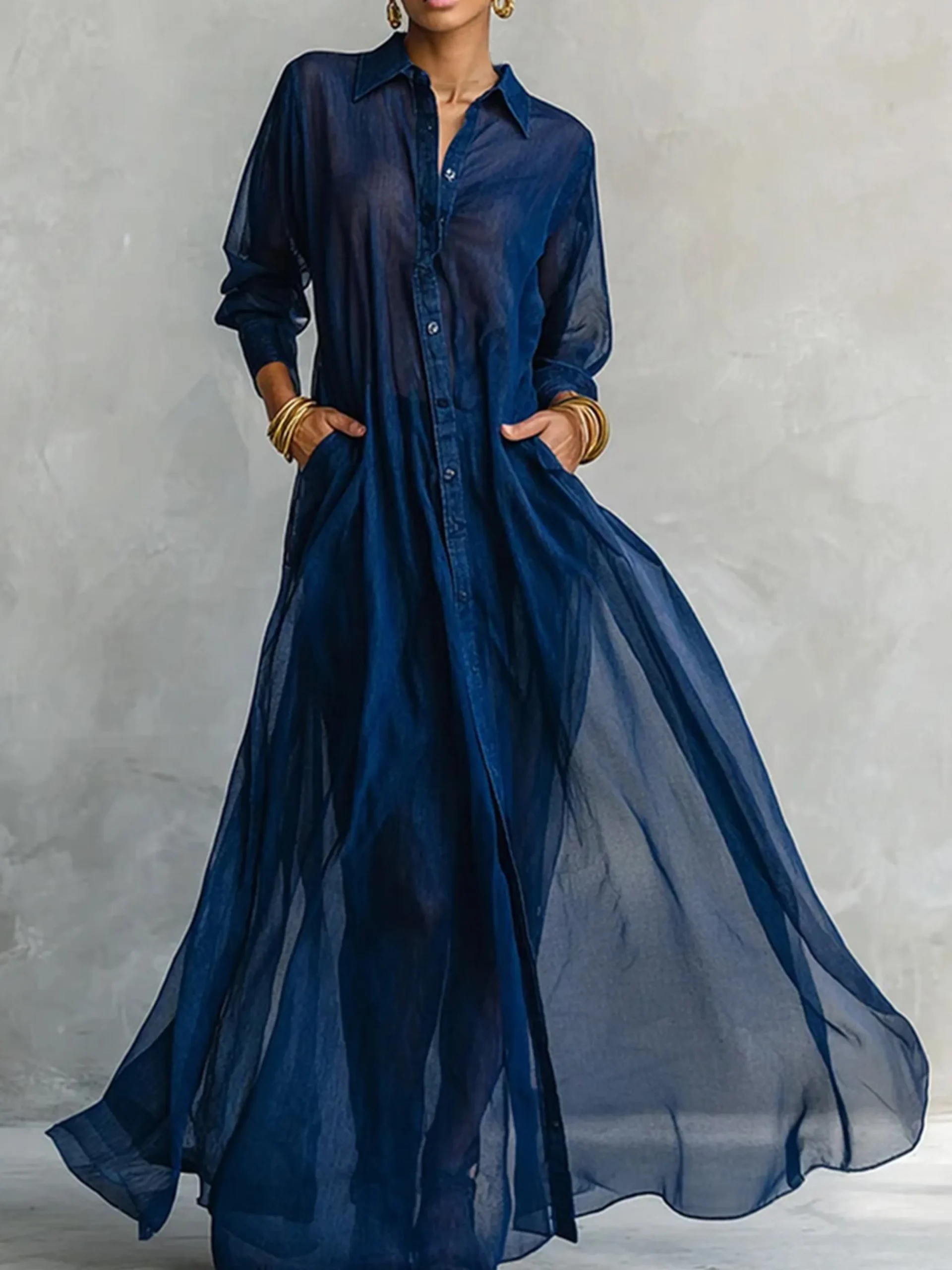 Casual Plain Split Joint Shirt Collar Maxi Dress