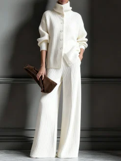 Casual Plain Sweater Wide Leg Pants