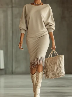 Casual Plain Tassel Crew Neck Knee Length Dress