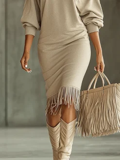 Casual Plain Tassel Crew Neck Knee Length Dress