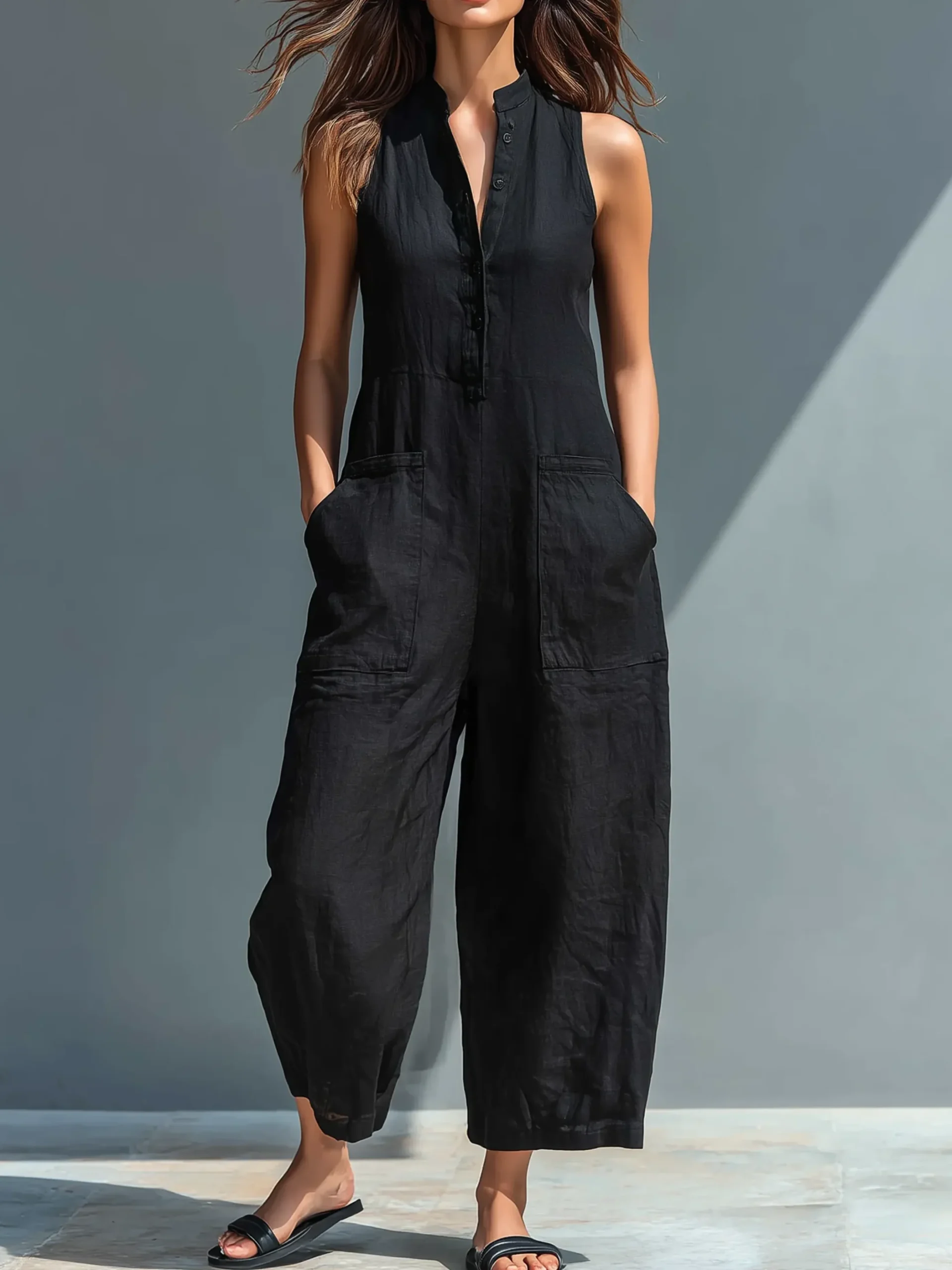 Casual Pockets Plain V Neck Tank Jumpsuit