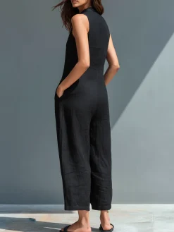 Casual Pockets Plain V Neck Tank Jumpsuit