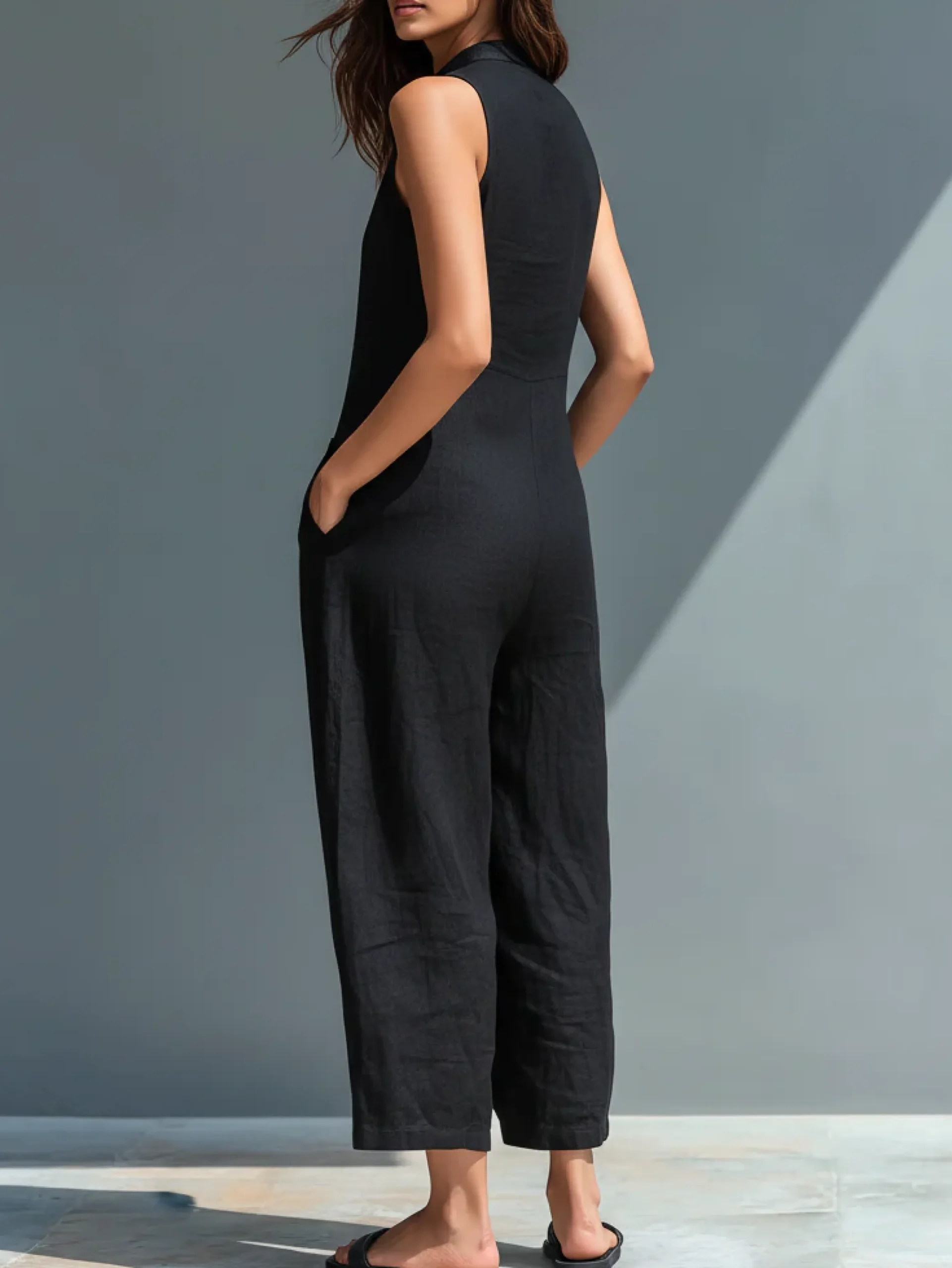 Casual Pockets Plain V Neck Tank Jumpsuit