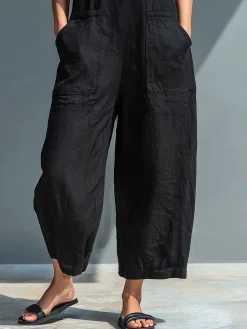 Casual Pockets Plain V Neck Tank Jumpsuit