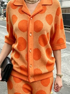 Casual Polka Dots Shawl Collar Loosen Knit Top