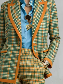Casual Printing Plaid Lapel Collar Blazer