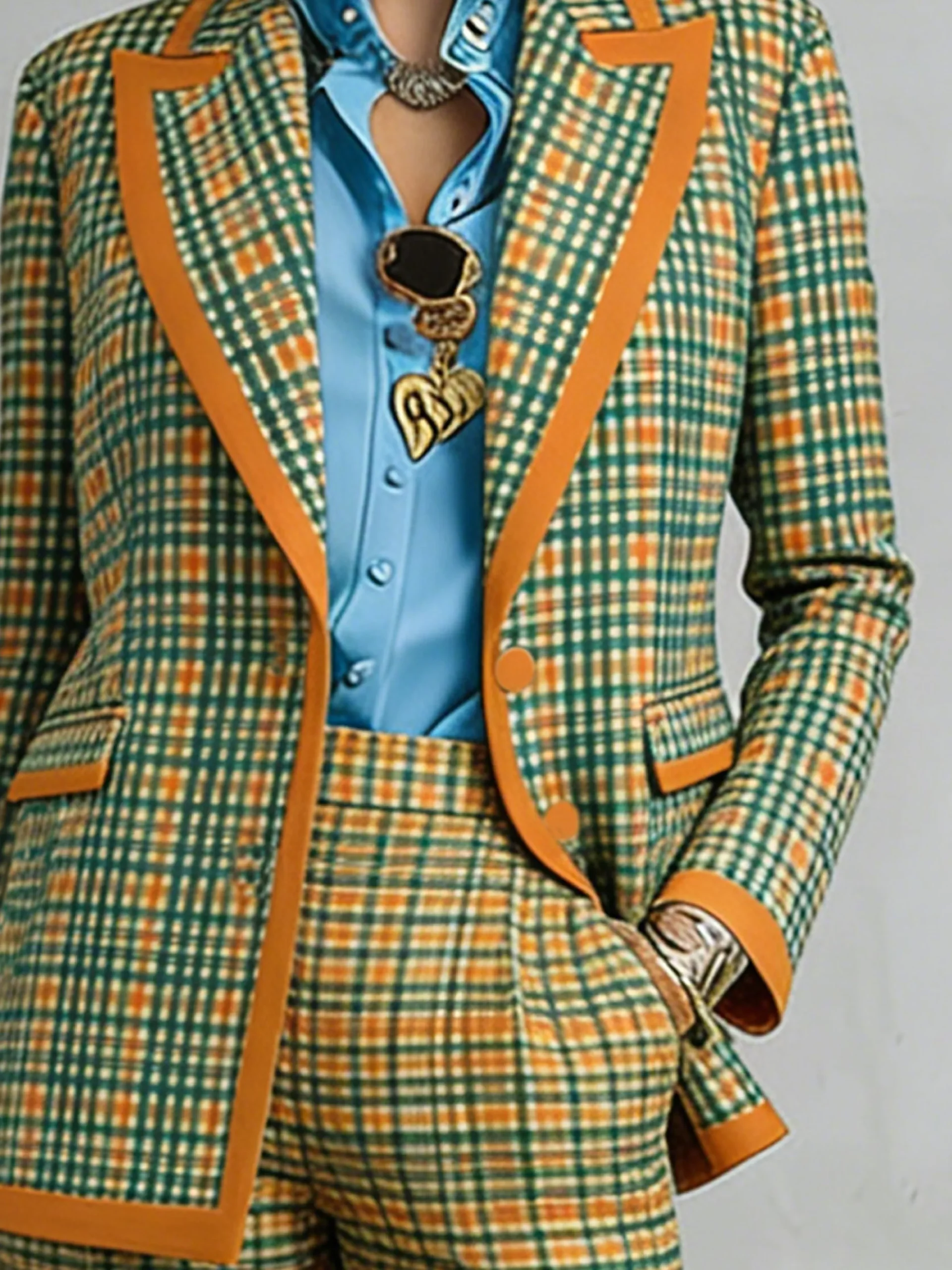 Casual Printing Plaid Lapel Collar Blazer