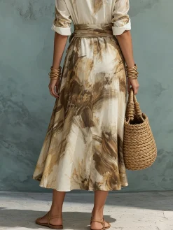 Casual Random Print Midi Skirt With Belt