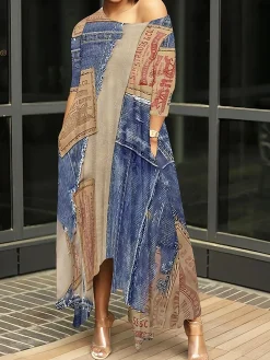 Casual Random Print Off Asymmetrical printing Maxi Dress