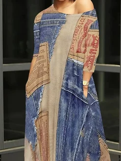 Casual Random Print Off Asymmetrical printing Maxi Dress