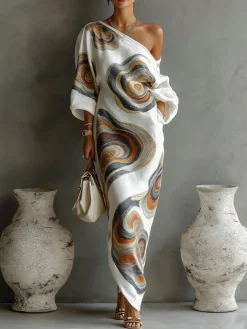 Casual Random Print Printing Cold Shoulder Maxi Dress With Belt