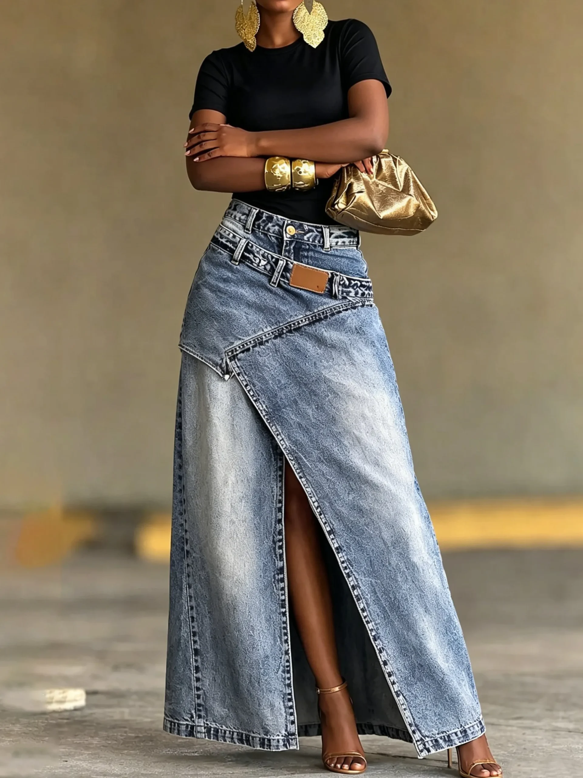 Casual Slit Plain Maxi Denim Skirt