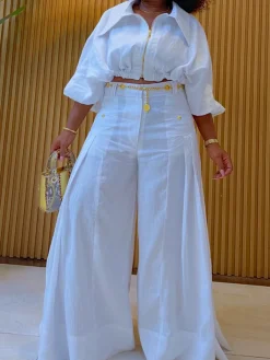 Casual Solid Loose Fit Cotton And Linen Wide Leg Pants for Daily Wear
