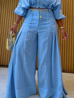 Casual Solid Loose Fit Cotton And Linen Wide Leg Pants for Daily Wear