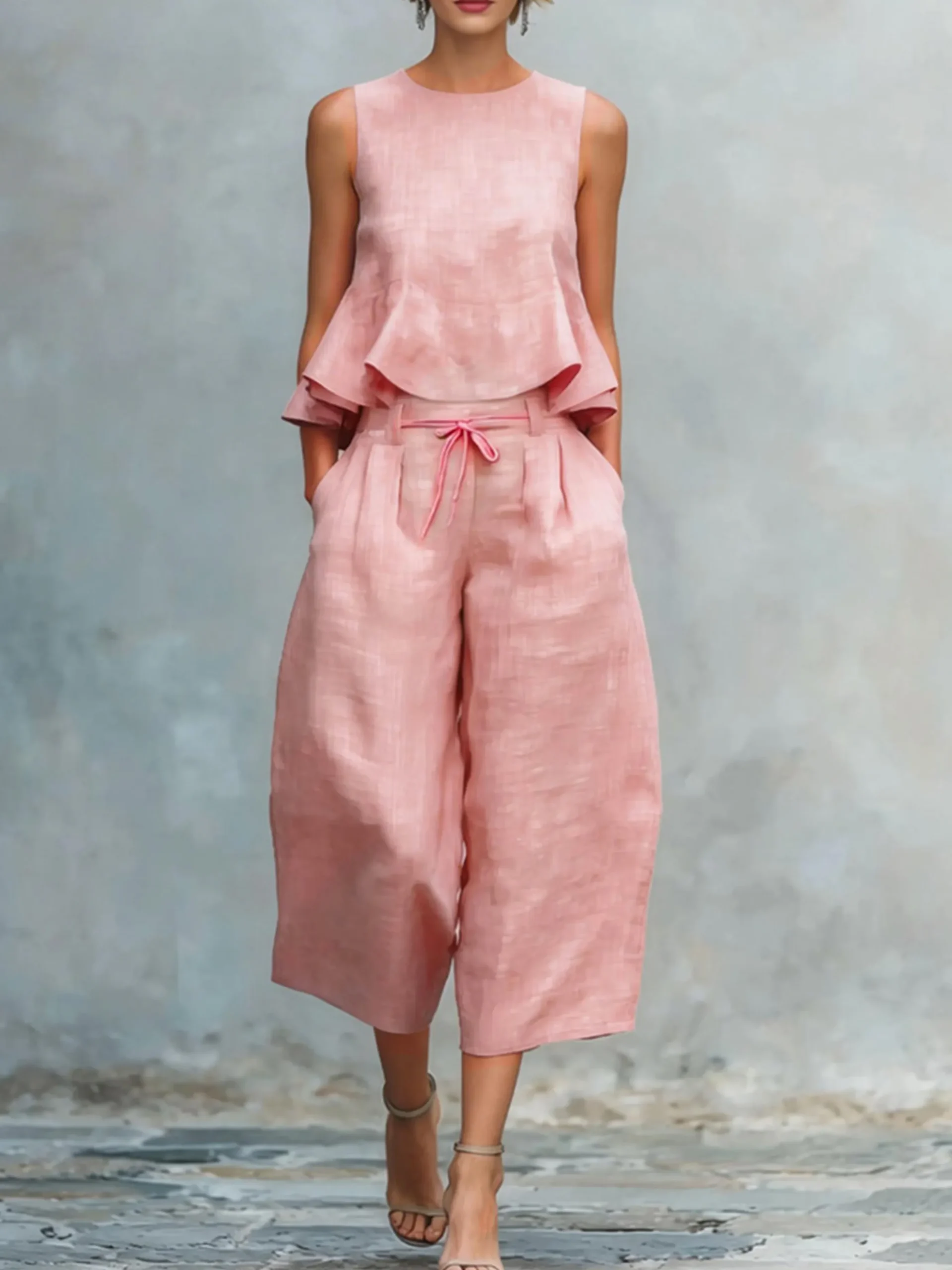 Casual Solid Relaxed Cropped Lace-up Wide Leg Pants