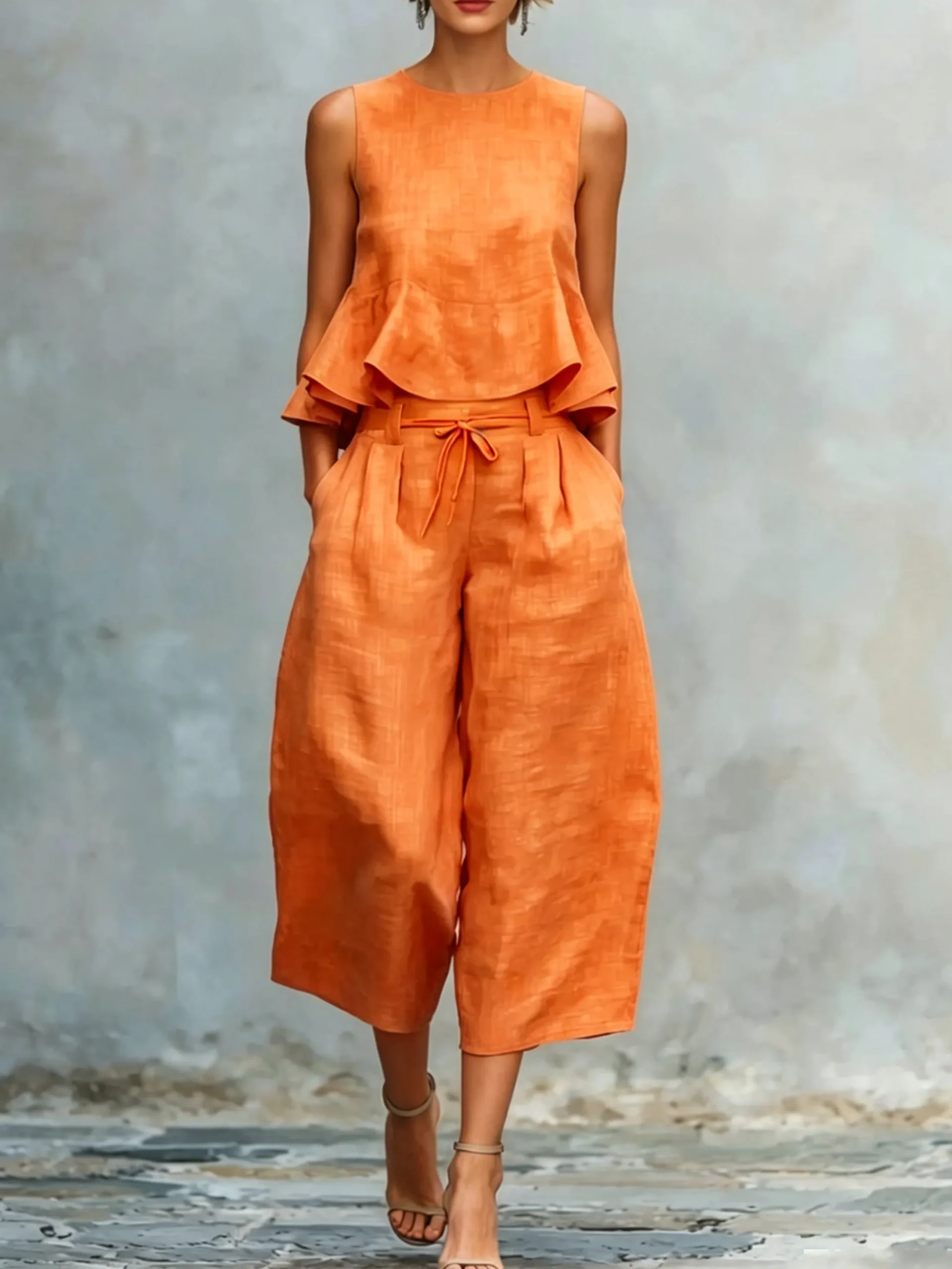 Casual Solid Relaxed Cropped Lace-up Wide Leg Pants