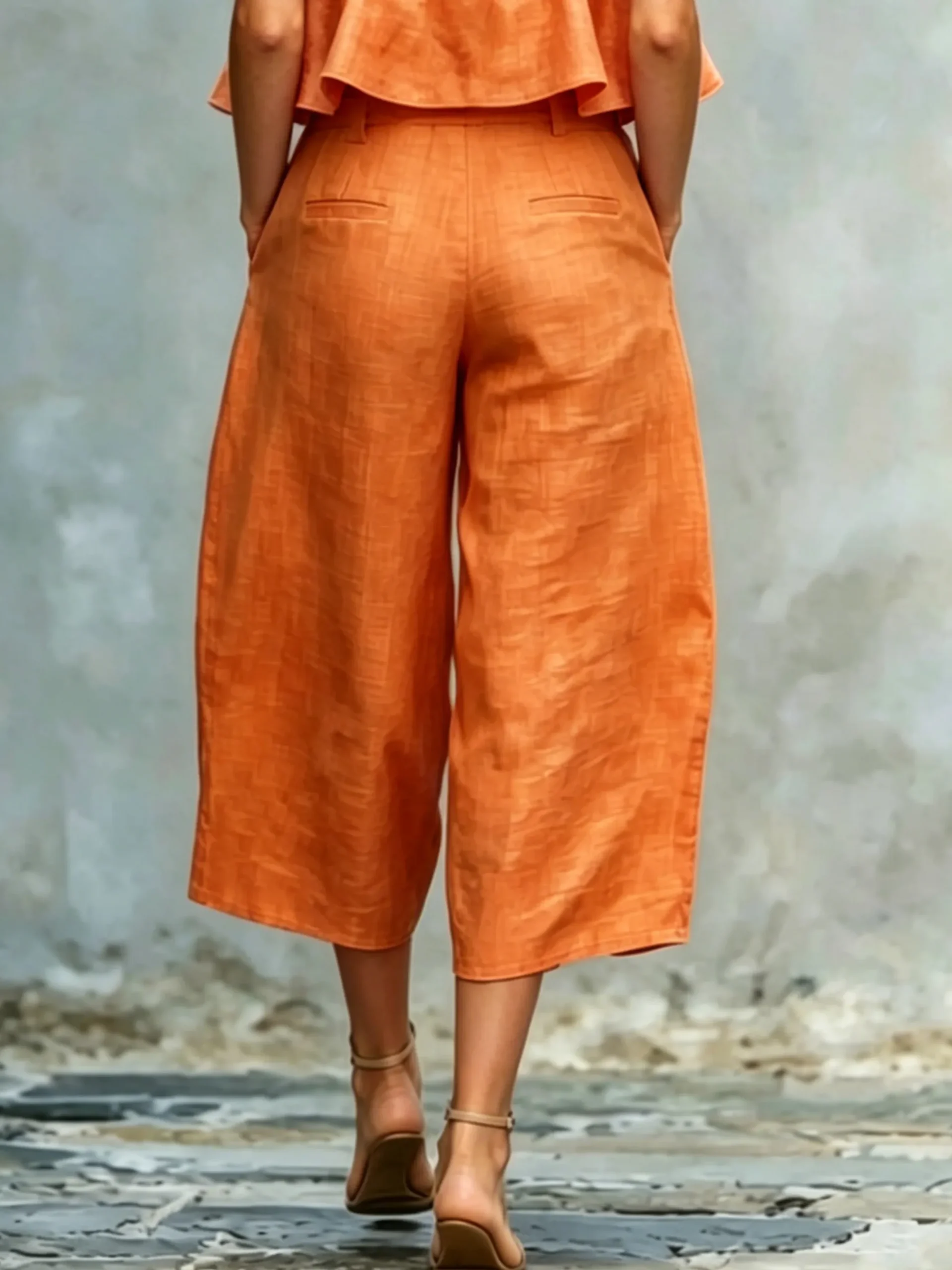 Casual Solid Relaxed Cropped Lace-up Wide Leg Pants