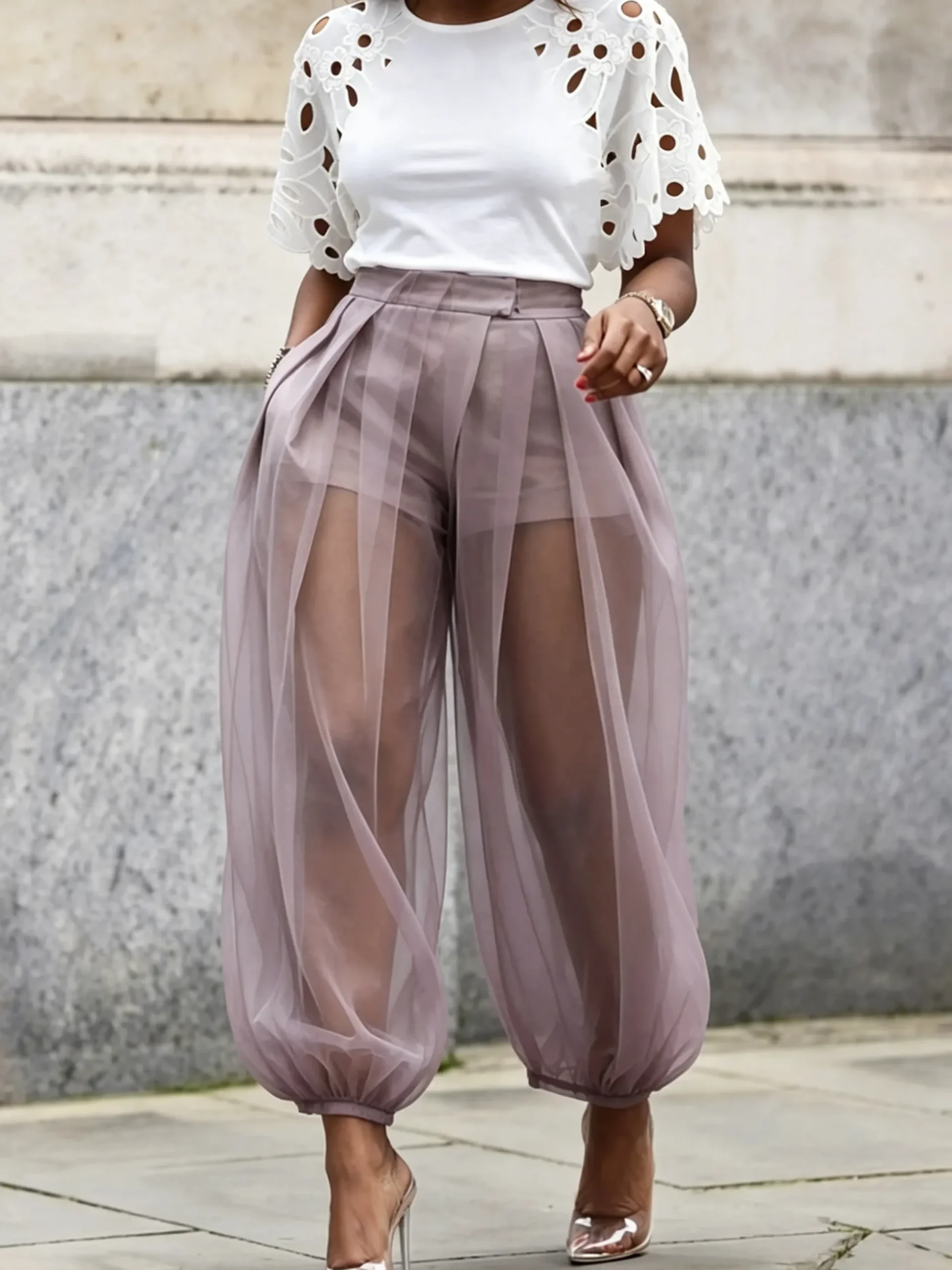 Casual Solid Relaxed Sheer Balloon Pants