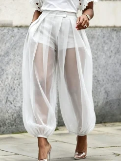 Casual Solid Relaxed Sheer Balloon Pants