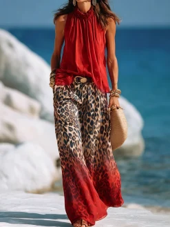 Casual Solid Sleeveless A-Line Halter Top