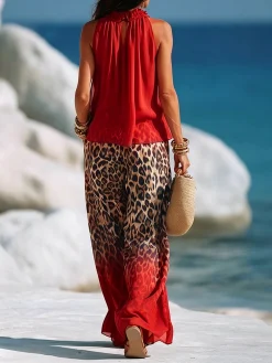 Casual Solid Sleeveless A-Line Halter Top