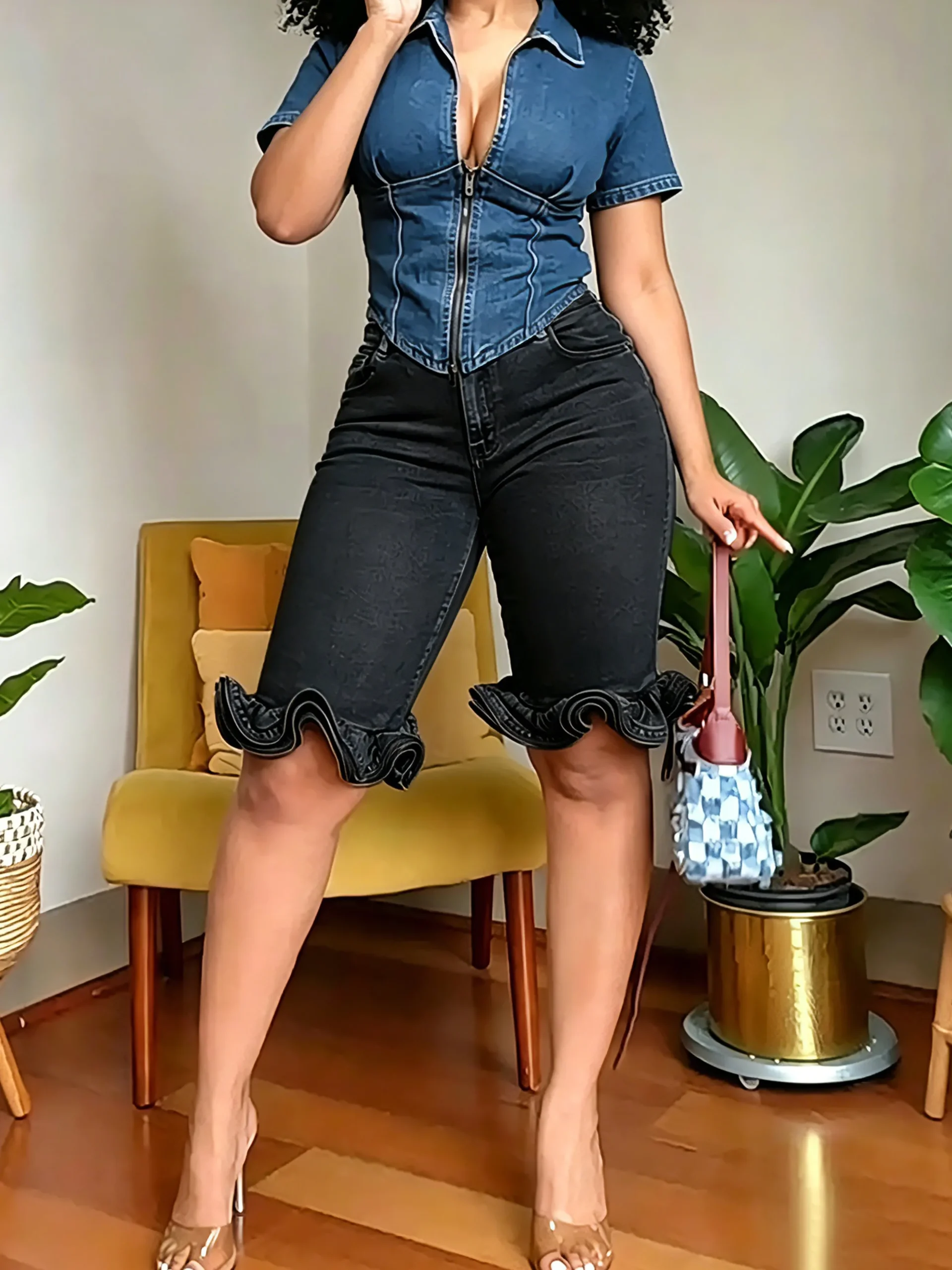 Casual Solid Tailored Denim Shorts