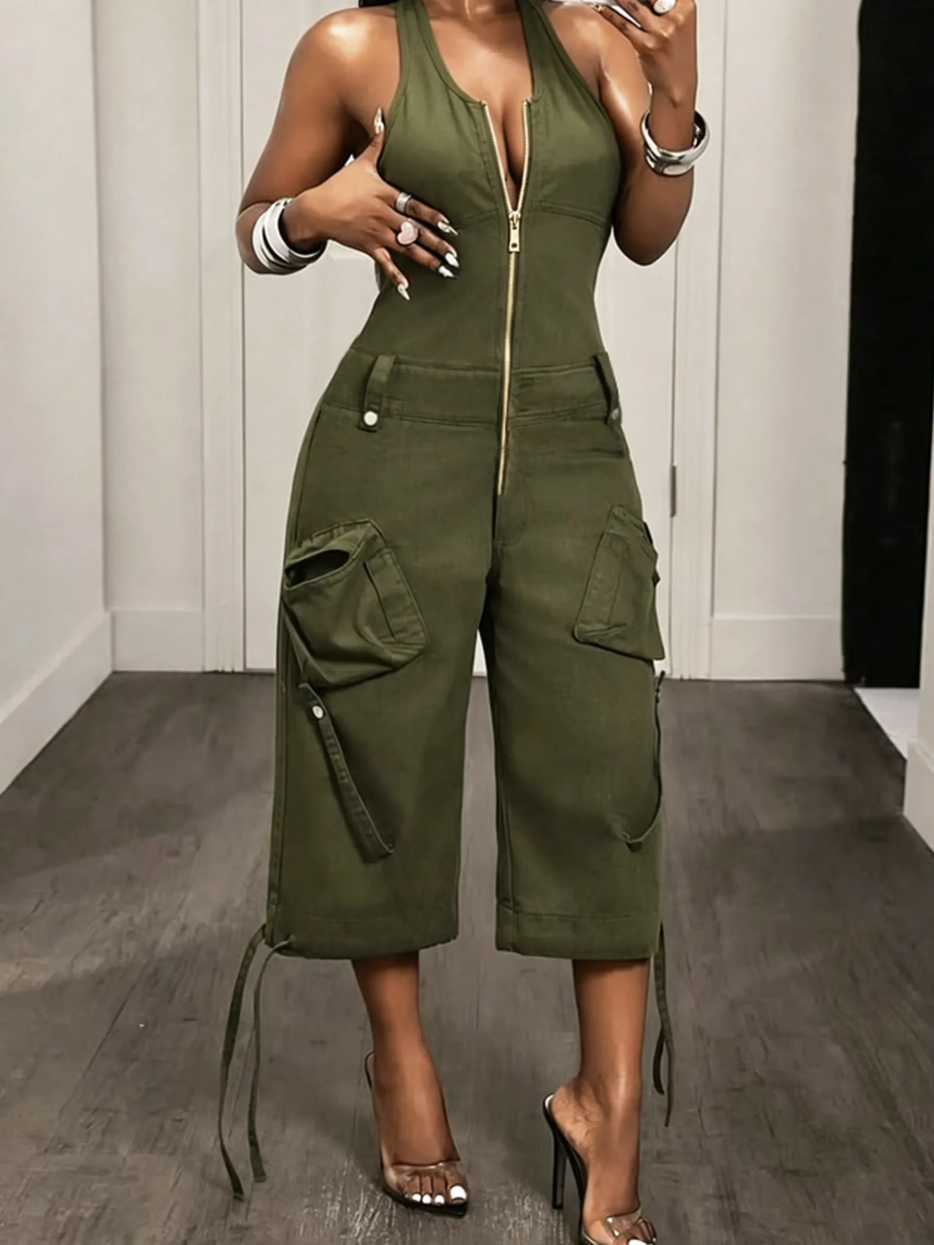 Casual Solid Tailored Sleeveless Cargo Jumpsuit
