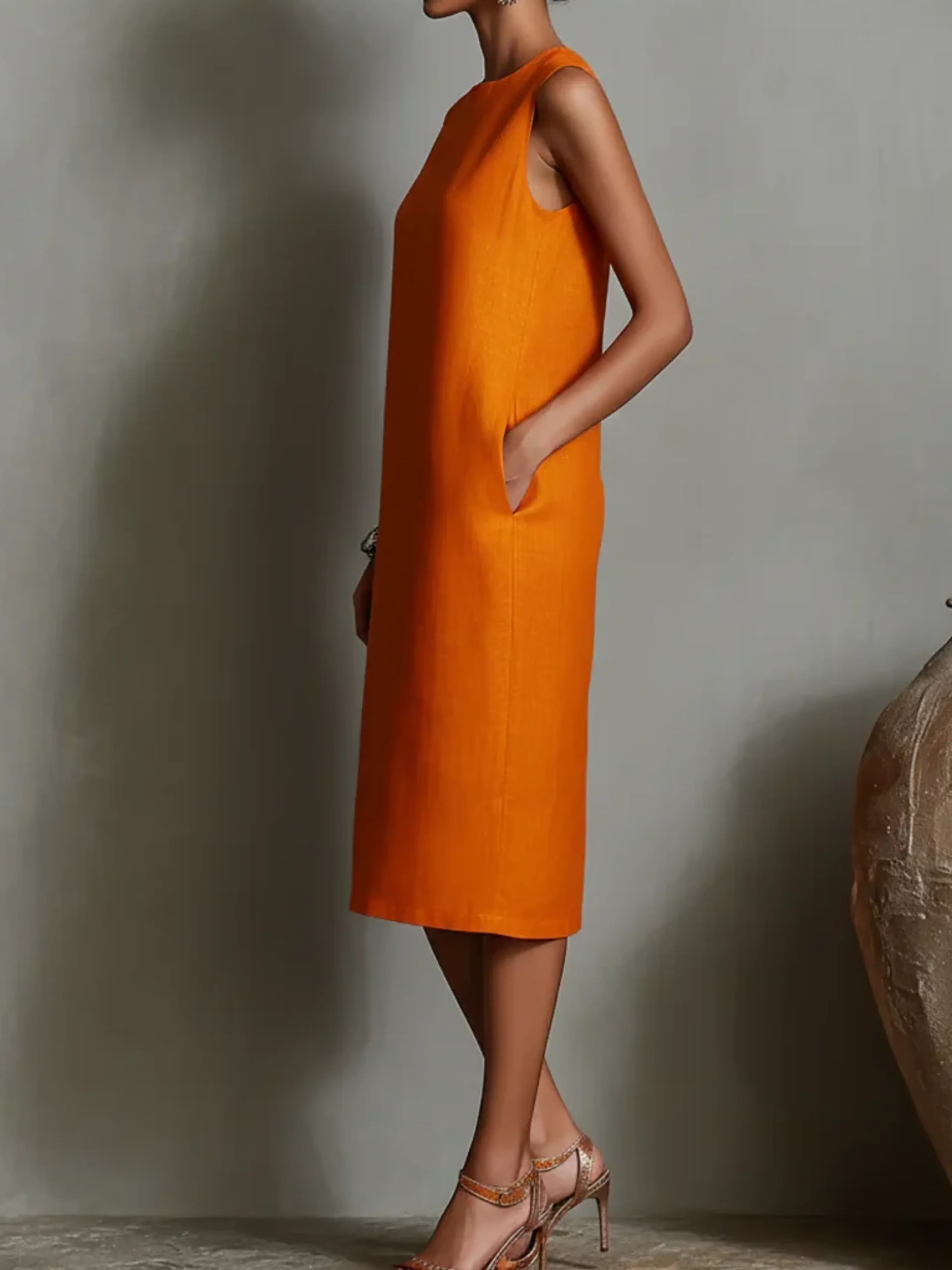 Casual Solid Tailored Sleeveless Midi Dress