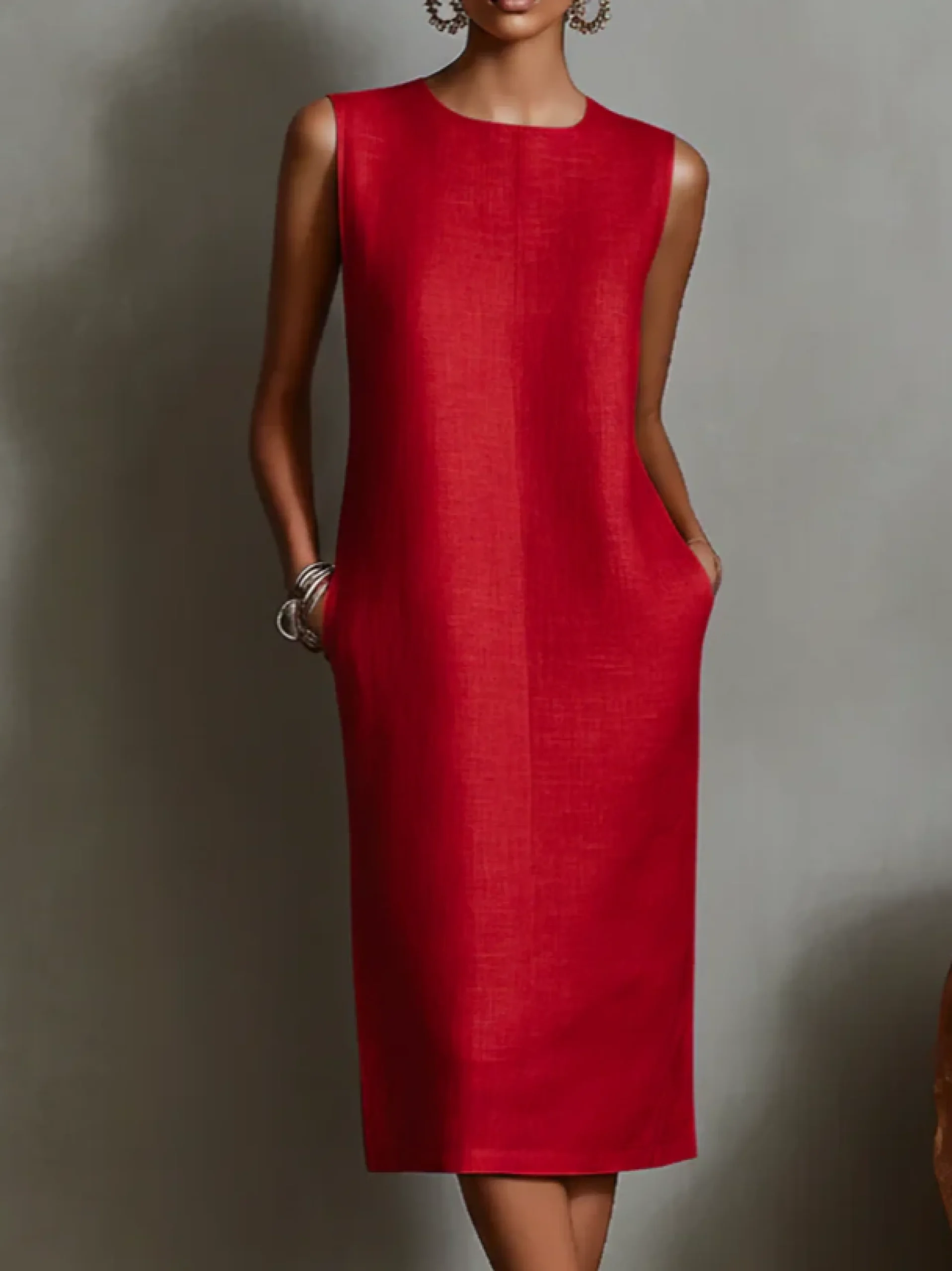 Casual Solid Tailored Sleeveless Midi Dress