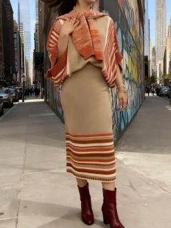 Casual Striped Sweater Midi Skirt