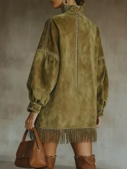 Casual Suede Tassel Hem Balloon Sleeve Mini Dress