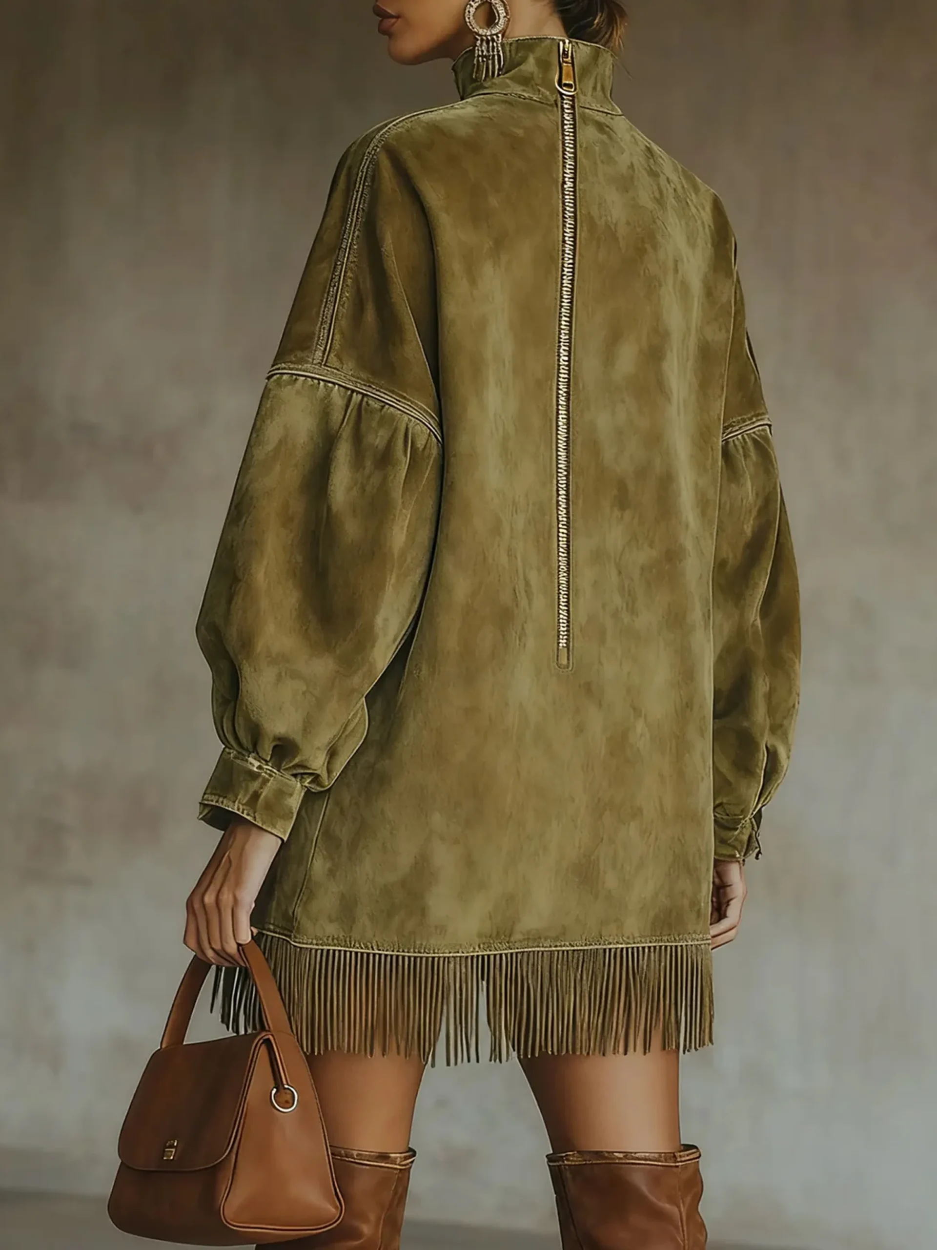 Casual Suede Tassel Hem Balloon Sleeve Mini Dress