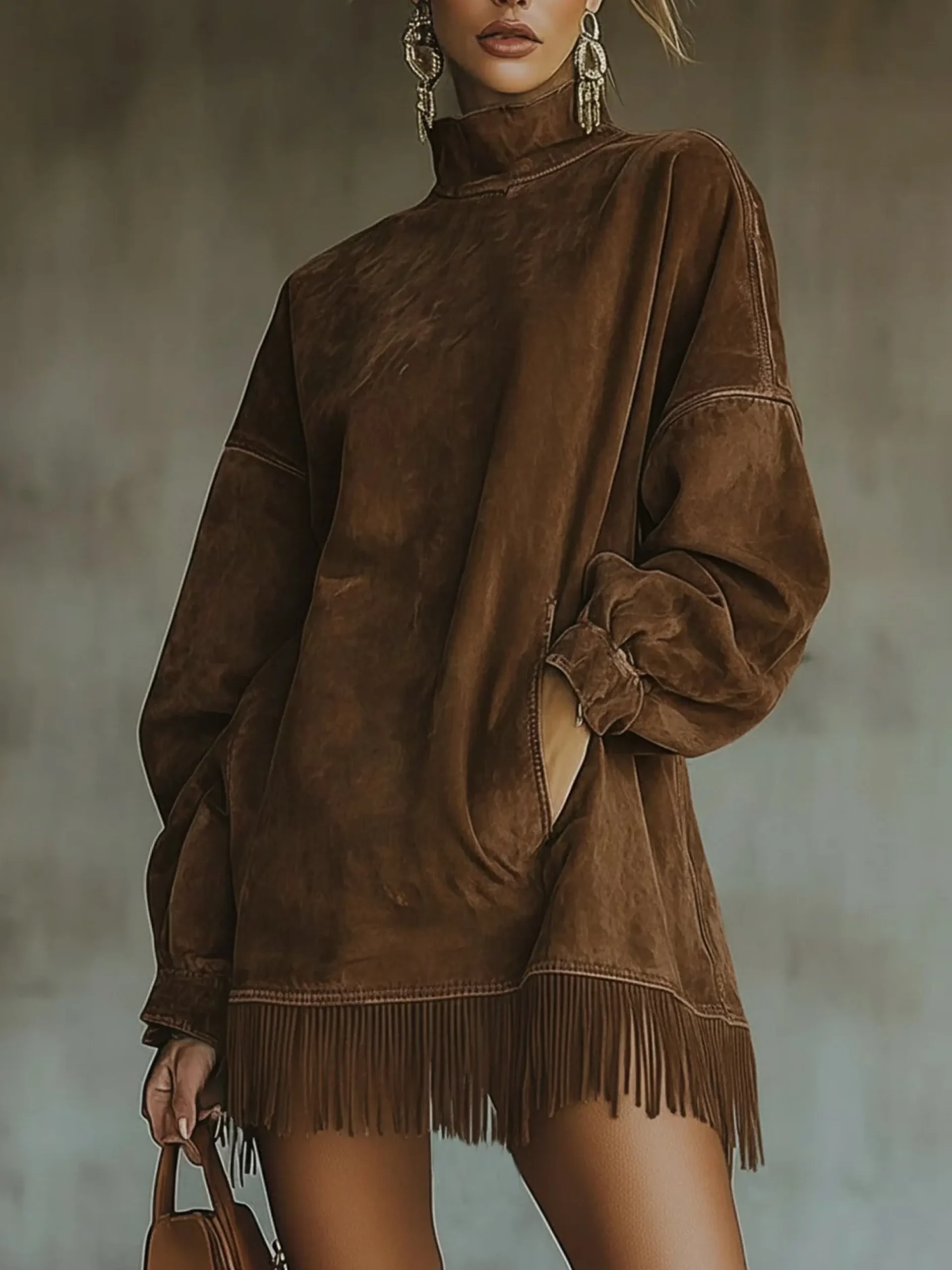 Casual Suede Tassel Hem Balloon Sleeve Mini Dress