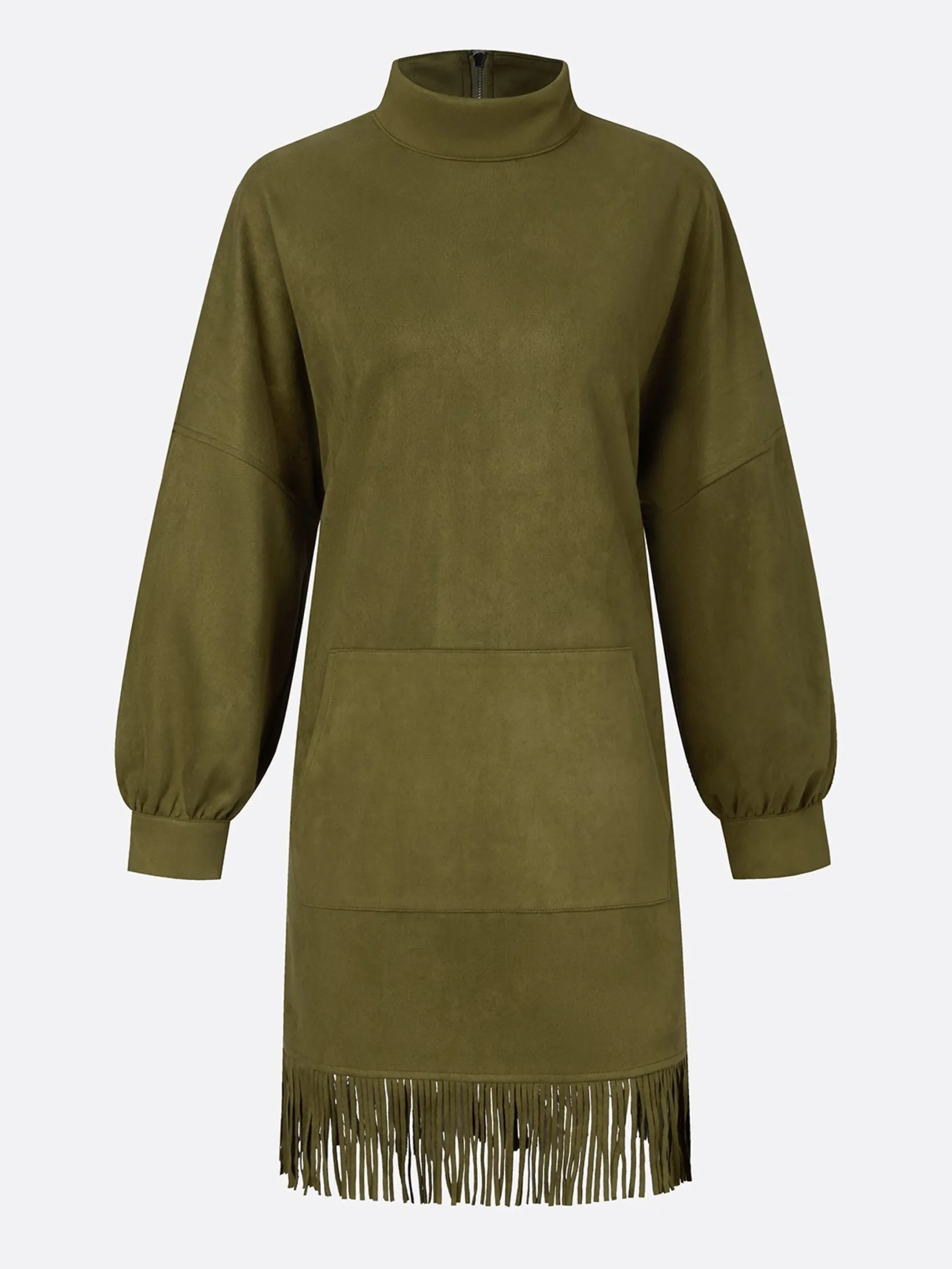 Casual Suede Tassel Hem Balloon Sleeve Mini Dress