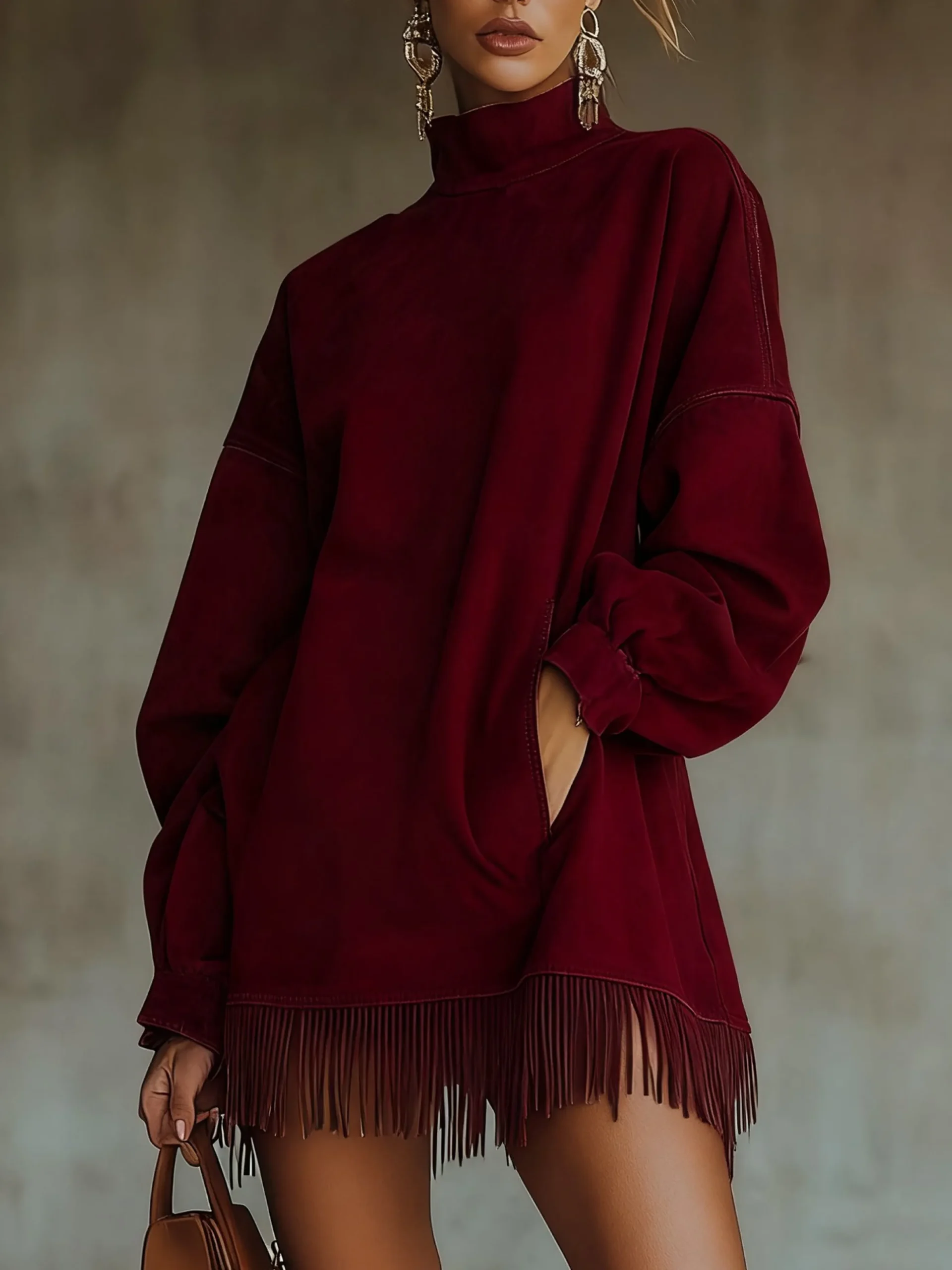 Casual Suede Tassel Hem Balloon Sleeve Mini Dress