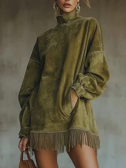 Casual Suede Tassel Hem Balloon Sleeve Mini Dress