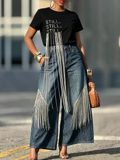 Casual Text Letters Tassel T-shirt