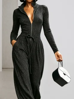 Casual Zipper Plain Mock Neck Pockets Jumpsuit