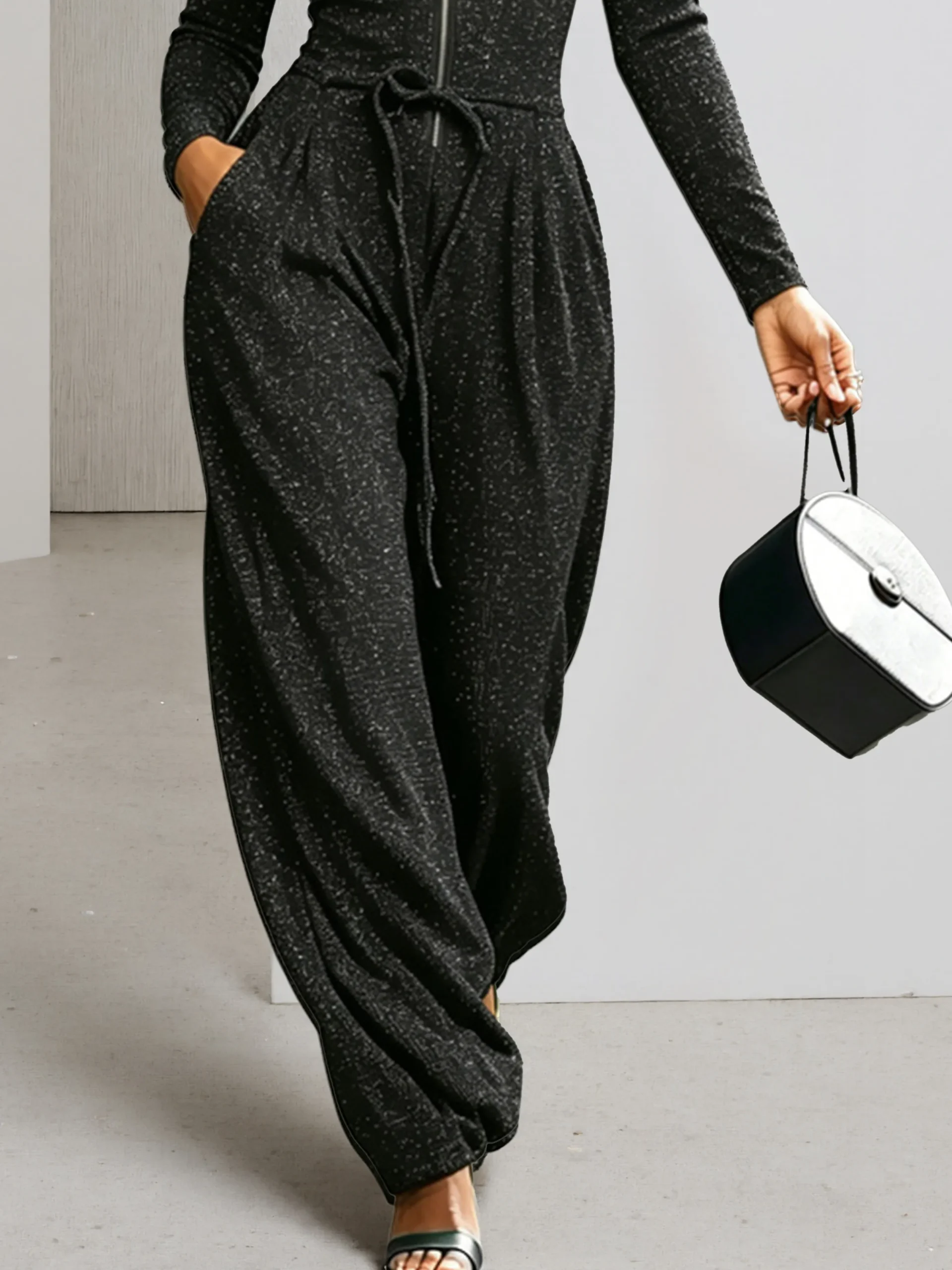 Casual Zipper Plain Mock Neck Pockets Jumpsuit