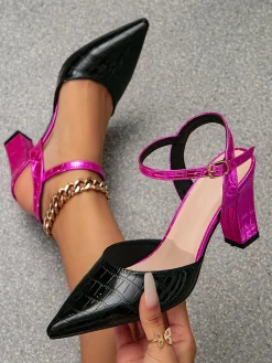 Color-block Croc-embossed Chunky Heel Ankle Strap Pumps