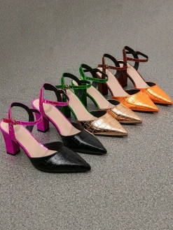 Color-block Croc-embossed Chunky Heel Ankle Strap Pumps